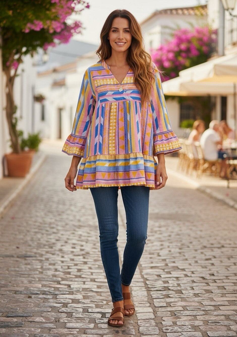 Tru Luxe Jeans Jacquard Stripe Boho Tunic Blouse Multi Aztec Size L